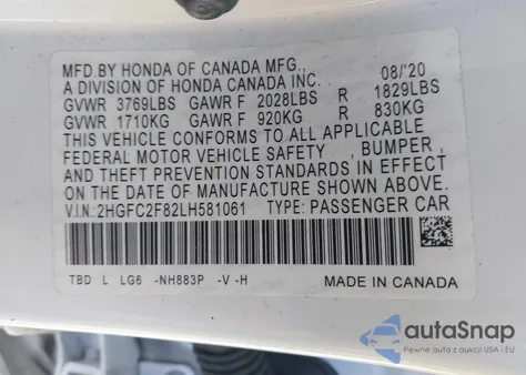 2020 Honda Civic Sport из США, поврежденный, VIN 2HGFC2F82LH581061